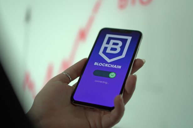 Pessoa segura um smartphone que exibe uma carteira digital de criptomoedas baseada em blockchain.