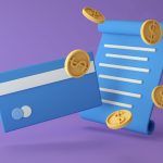 Ilustração em 3D de um contrato ao lado de um cartão de crédito e moedas sobre fundo roxo.