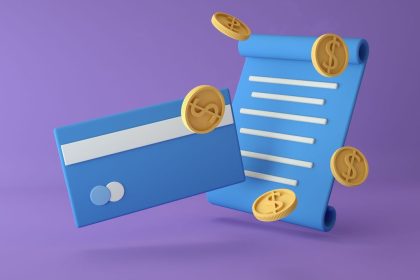 Ilustração em 3D de um contrato ao lado de um cartão de crédito e moedas sobre fundo roxo.