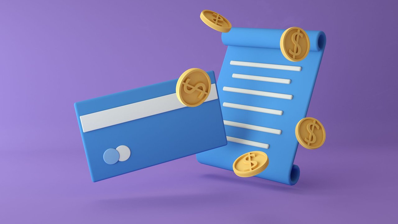 Ilustração em 3D de um contrato ao lado de um cartão de crédito e moedas sobre fundo roxo.