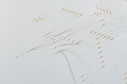 Rede digital abstrata com conexões luminosas e fluxo de dados em fundo escuro.