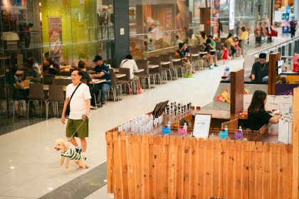 Pessoas circulam por um shopping movimentado, com lojas e área de alimentação ao fundo.