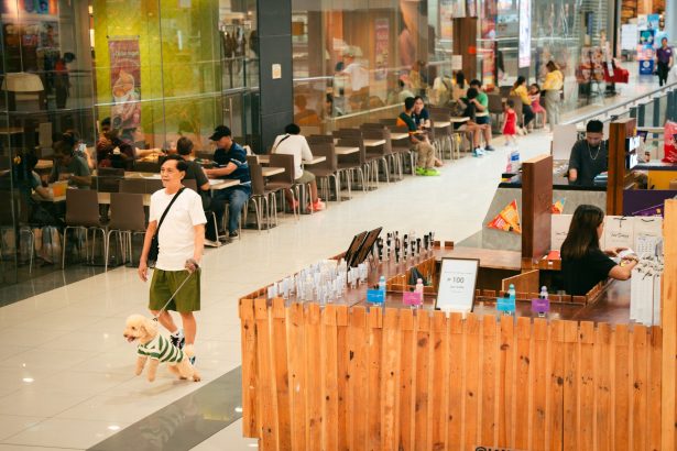 Pessoas circulam por um shopping movimentado, com lojas e área de alimentação ao fundo.