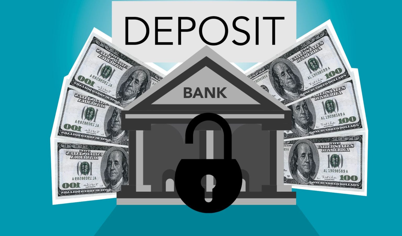 Ilustração de um banco com um cadeado sobre cédulas de dólar americanas e a palavra “depósito” ao fundo.