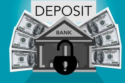 Ilustração de um banco com um cadeado sobre cédulas de dólar americanas e a palavra “depósito” ao fundo.